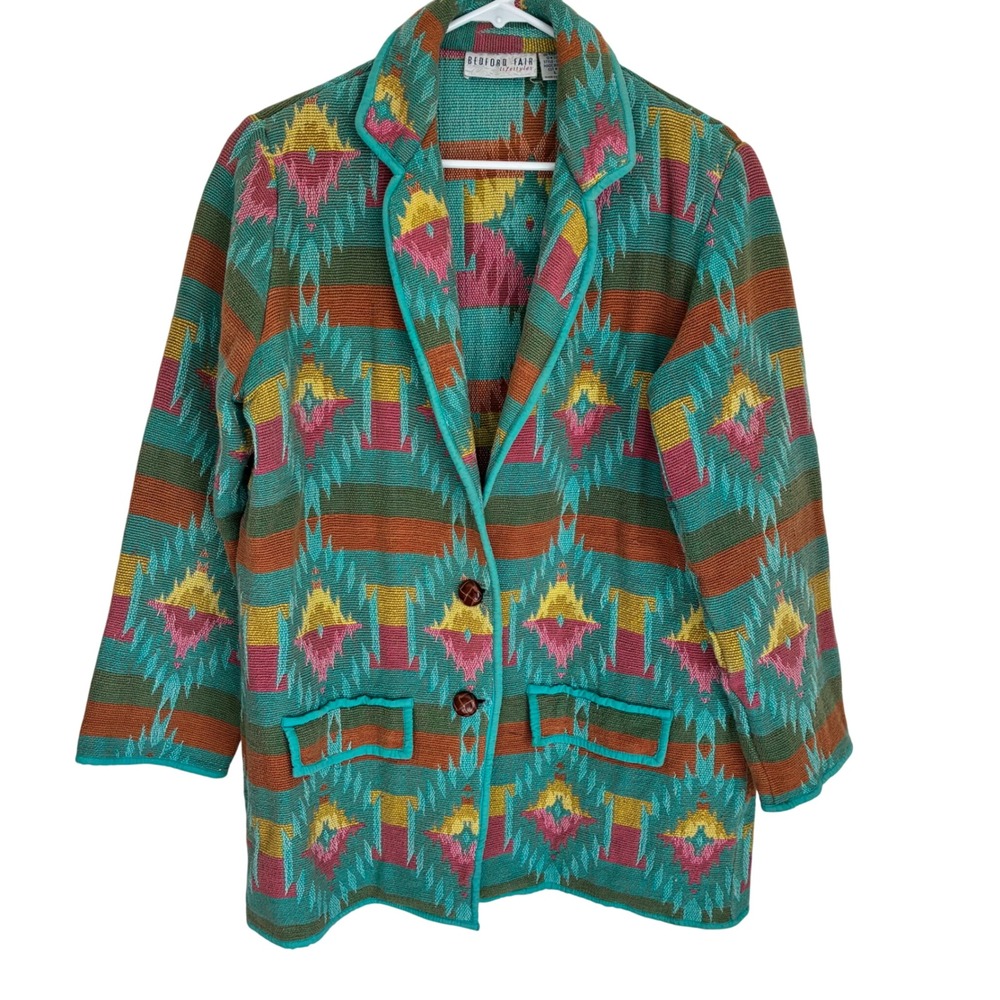 Bedford Fair Lifestyles Womens L Southwestern Tapestry Jacket Teal Geometric